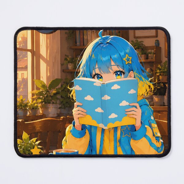 Item preview, Anime girl with blue and yellow hair, reading a book in a cafe (by diwizuli) designed and sold by Diwi Zuli.