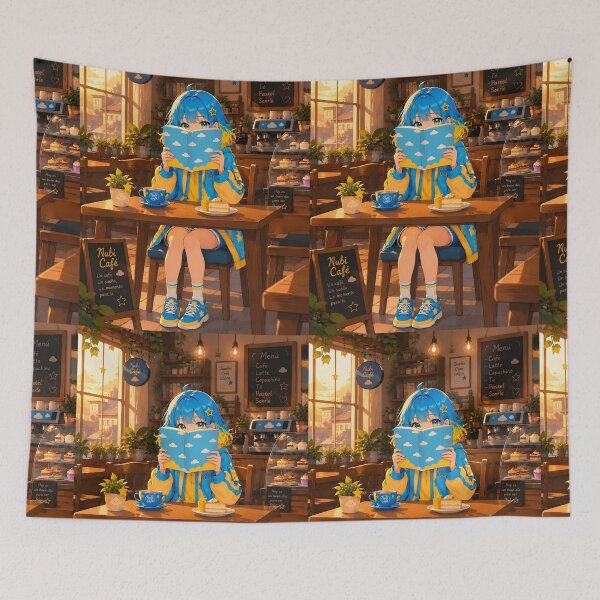 Item preview, Anime girl with blue and yellow hair, reading a book in a cafe (by diwizuli) designed and sold by Diwi Zuli.