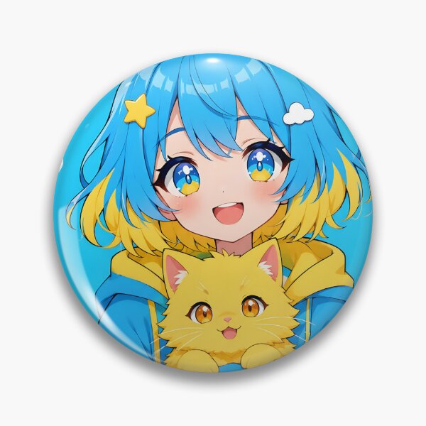 Item preview, anime girl with blue and yellow hair holding a yellow cat designed and sold by Diwi Zuli.