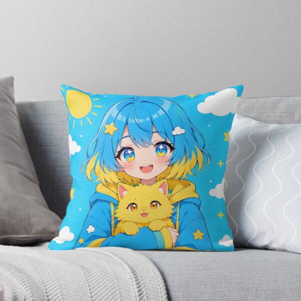Item preview, anime girl with blue and yellow hair holding a yellow cat designed and sold by Diwi Zuli.