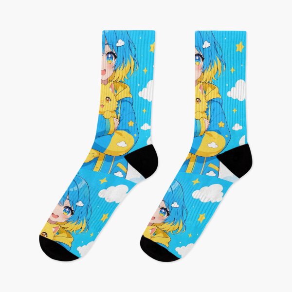 Item preview, anime girl with blue and yellow hair holding a yellow cat designed and sold by Diwi Zuli.