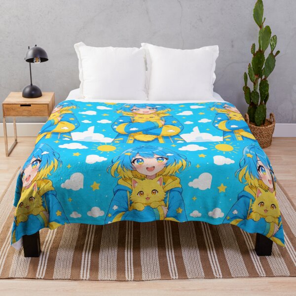 Item preview, anime girl with blue and yellow hair holding a yellow cat designed and sold by Diwi Zuli.
