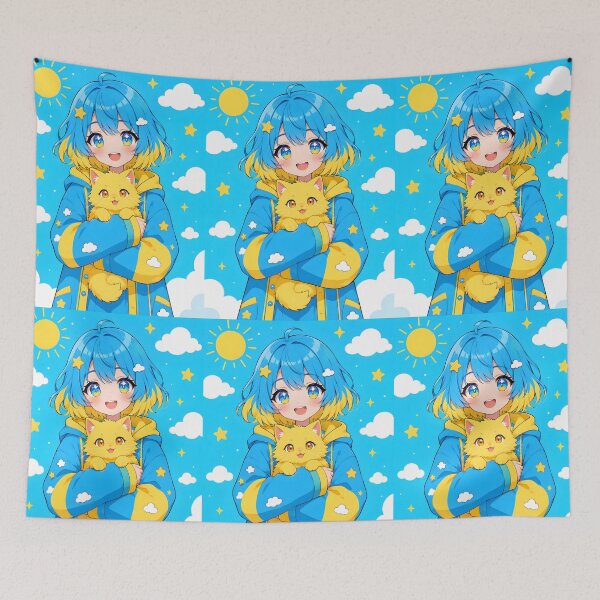 Item preview, anime girl with blue and yellow hair holding a yellow cat designed and sold by Diwi Zuli.