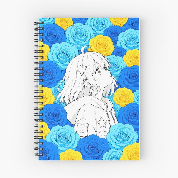 Item preview, black-and-white anime girl with blue and yellow roses designed and sold by Diwi Zuli.