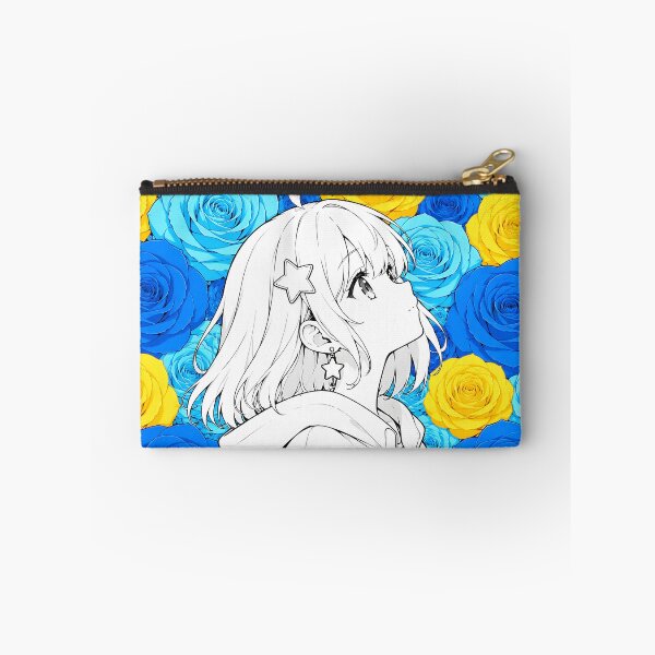 Item preview, black-and-white anime girl with blue and yellow roses designed and sold by Diwi Zuli.