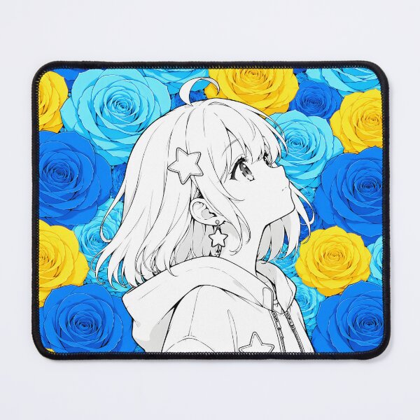 Item preview, black-and-white anime girl with blue and yellow roses designed and sold by Diwi Zuli.