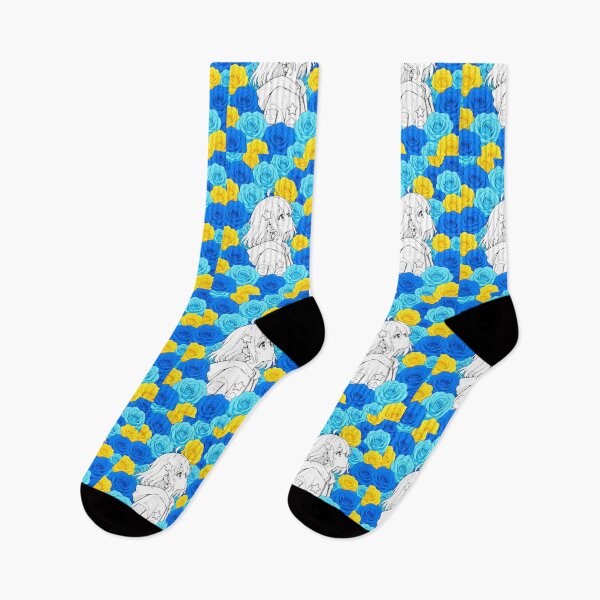 Item preview, black-and-white anime girl with blue and yellow roses designed and sold by Diwi Zuli.