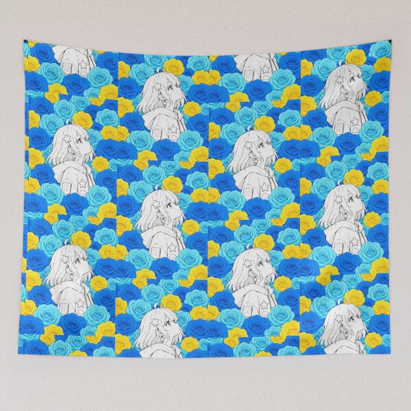 Item preview, black-and-white anime girl with blue and yellow roses designed and sold by Diwi Zuli.
