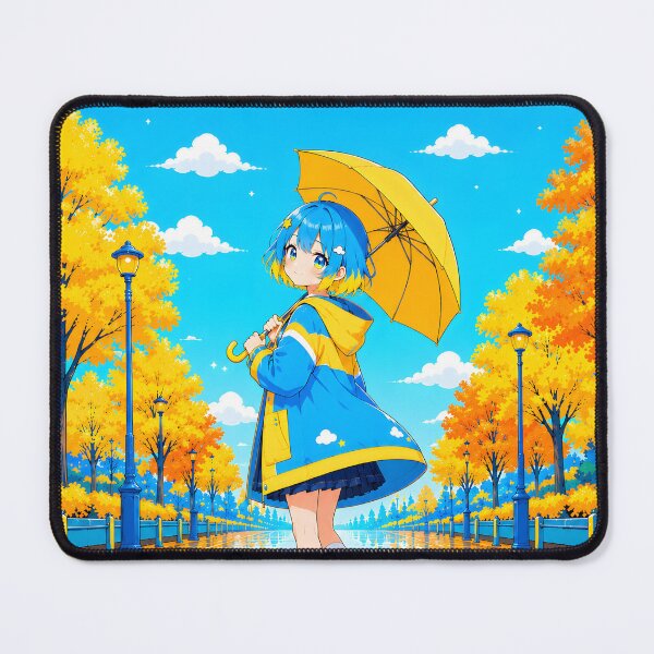 Item preview, anime girl with blue and yellow hair holding an umbrella with yellow and orange trees on it designed and sold by Diwi Zuli.