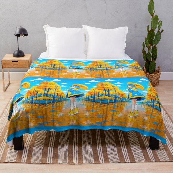 Item preview, anime girl with blue and yellow hair holding an umbrella with yellow and orange trees on it designed and sold by Diwi Zuli.