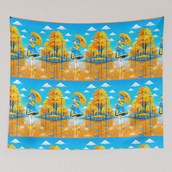 Item preview, anime girl with blue and yellow hair holding an umbrella with yellow and orange trees on it designed and sold by Diwi Zuli.