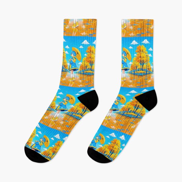 Item preview, anime girl with blue and yellow hair holding an umbrella with yellow and orange trees on it designed and sold by Diwi Zuli.