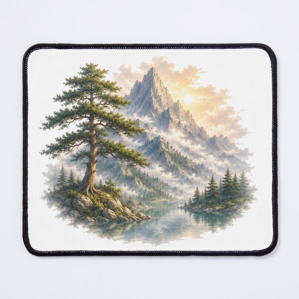 Item preview, Pine Mountain – Misty Lake and Ancient Pine Landscape Art designed and sold by Cloud Tide Studio.