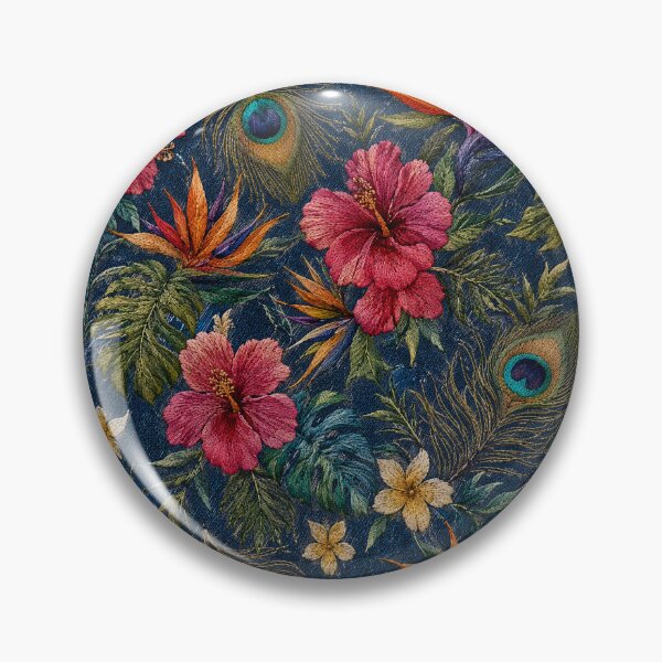 Item preview, Embroidered smooth tropical plants on denim background designed and sold by fuzzyfox.