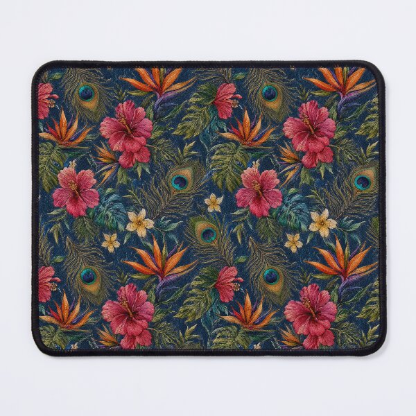 Item preview, Embroidered smooth tropical plants on denim background designed and sold by fuzzyfox.