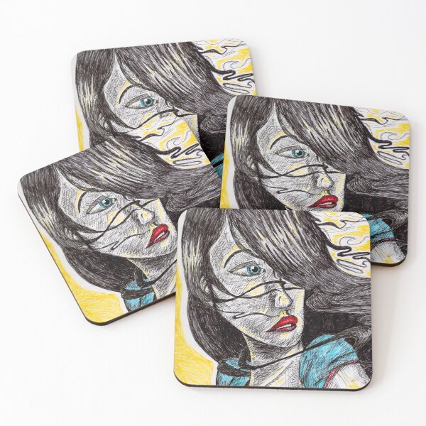 Item preview, Hand Drawn Woman Portrait T-Shirt - Original Sketch Art | Blue Eyes Red Lips Yellow Glow designed and sold by SketchMcKenzie.