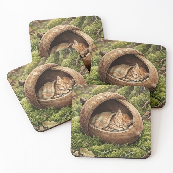Item preview, Tiny Kitten Sleeping in a Giant Acorn Shell Forest Miniature Illustration designed and sold by DuckOddity.
