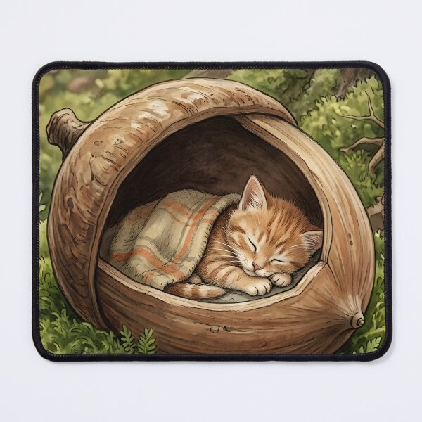 Item preview, Tiny Kitten Sleeping in a Giant Acorn Shell Forest Miniature Illustration designed and sold by DuckOddity.