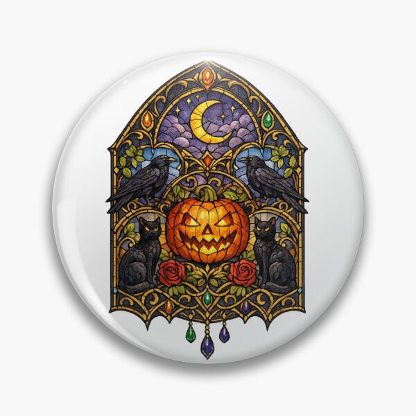 Item preview, Halloween Stained Glass | Gothic Jack-o'-Lantern | Black Cats & Ravens Moon Art designed and sold by MrDev.