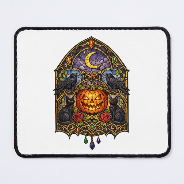 Item preview, Halloween Stained Glass | Gothic Jack-o'-Lantern | Black Cats & Ravens Moon Art designed and sold by MrDev.