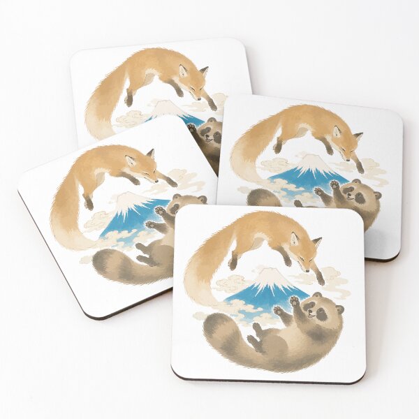 Item preview, Fox and Tanuki - Playful Japanese Folklore Animals with Mt. Fuji designed and sold by medicalkinoko.
