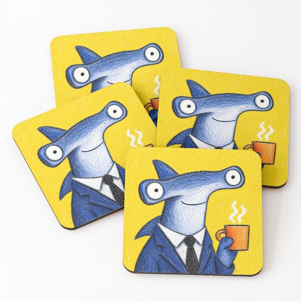 Item preview, Hammerhead Shark in a Suit Drinking Coffee – Funny Shark Art Print designed and sold by 516 Studio.
