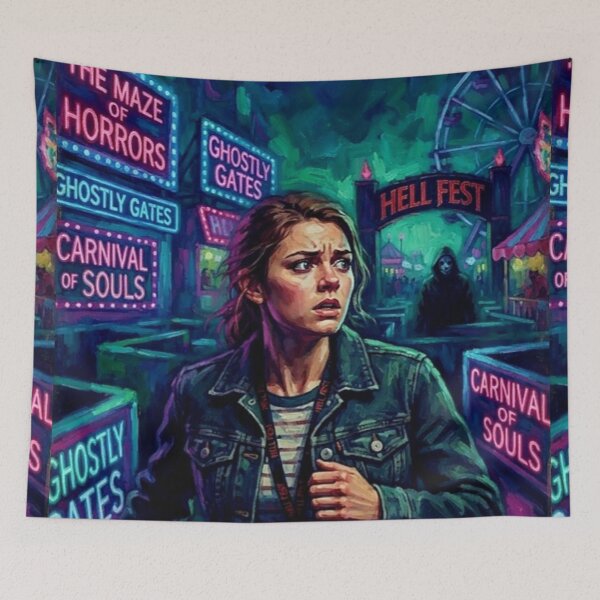 Item preview, Hell Fest A Night of Screams Retro Slasher Horror Theme Park Tribute Art Poster designed and sold by Art's Diner.