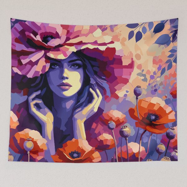 Item preview, Floral Woman Portrait with Poppies – Colorful Boho Botanical Art designed and sold by ArtByBoya.