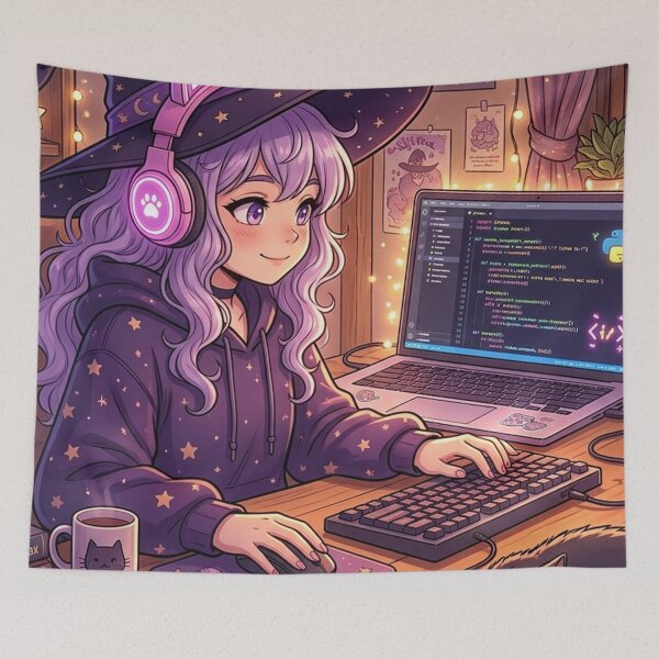 Item preview, Anime Gamer Witch Poster | Cozy Cat Desk Decor | Gift for Female Coders designed and sold by YNAMREG.