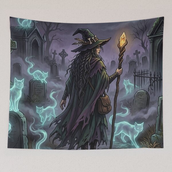 Item preview, Dark Witch Graveyard Tapestry | Gothic Ghost Cats Poster | Gift for Goths designed and sold by YNAMREG.
