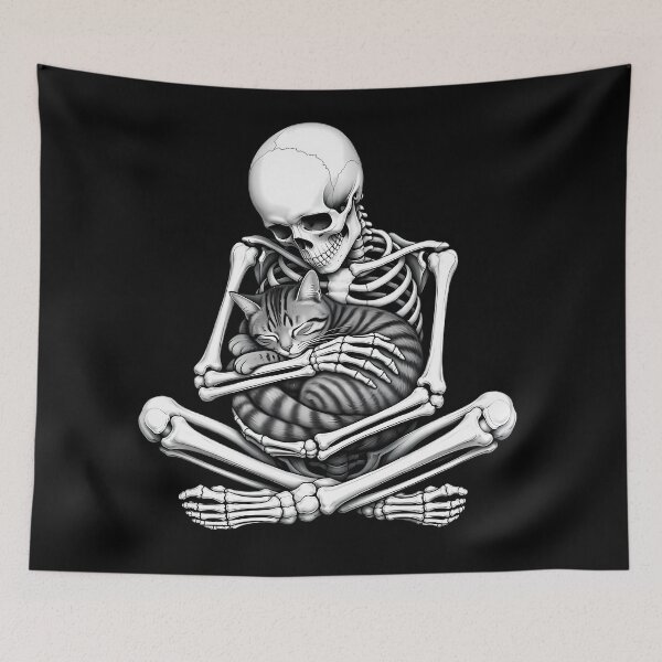 Item preview, Skeleton Cradling Sleeping Striped Cat designed and sold by Linework Studio.