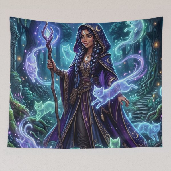 Item preview, Enchanted Forest Witch Print | Glowing Ghost Cats | Gift for Fantasy Fans designed and sold by YNAMREG.
