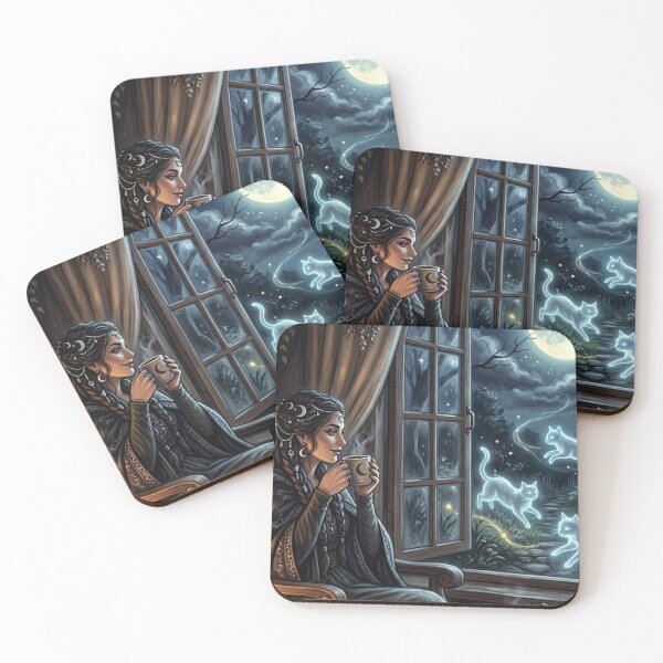 Item preview, Cozy Witch Tea Party Poster | Moonlight Ghost Cats | Gift for Introverts designed and sold by YNAMREG.