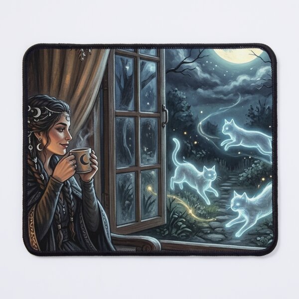Item preview, Cozy Witch Tea Party Poster | Moonlight Ghost Cats | Gift for Introverts designed and sold by YNAMREG.