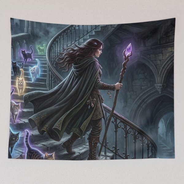Item preview, Mystical Witch Tapestry | Glowing Spirit Cats Art Print | Magical Gift for Dark Fantasy Lover designed and sold by YNAMREG.