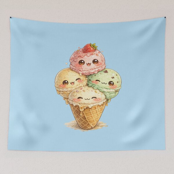 Item preview, Kawaii Ice Cream Cone Watercolor Illustration – Cute Triple Scoop Dessert Character Art designed and sold by MagicMakerPh.