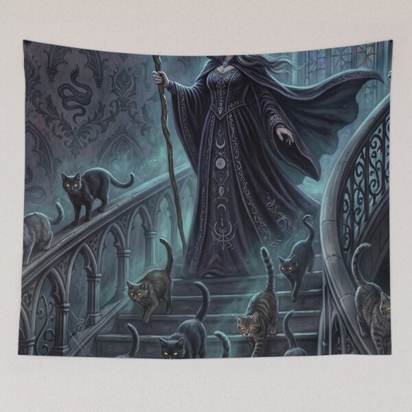 Item preview, Gothic Witch Poster | Creepy Cute Cat Tapestry | Dark Fantasy Wall Art Gift for Goth designed and sold by YNAMREG.
