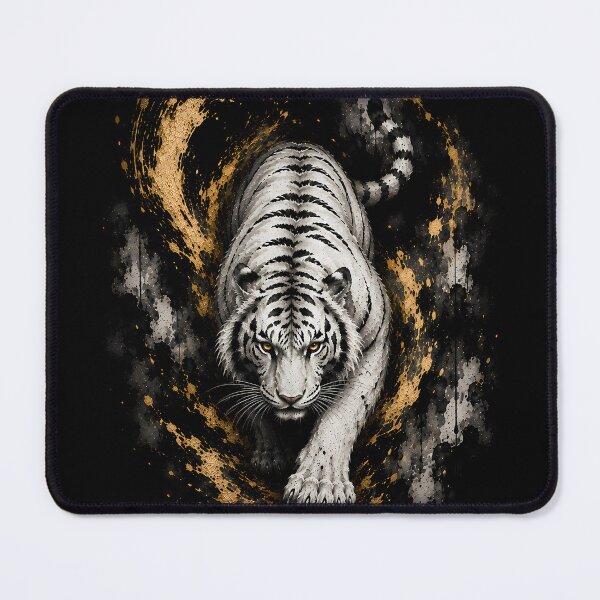 Item preview, Majestic White Tiger Black Gold Ink Art | Japanese Sumi-e Wildlife Painting | Elegant Fantasy Wall Art designed and sold by ManJiangHong.