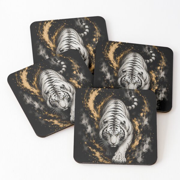 Item preview, Majestic White Tiger Black Gold Ink Art | Japanese Sumi-e Wildlife Painting | Elegant Fantasy Wall Art designed and sold by ManJiangHong.