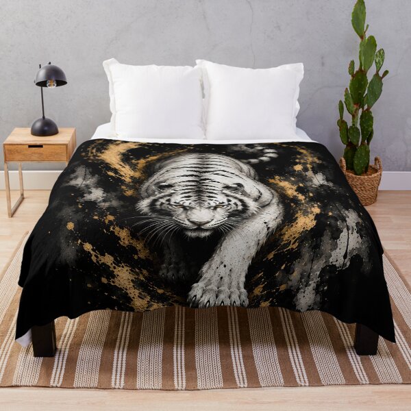 Item preview, Majestic White Tiger Black Gold Ink Art | Japanese Sumi-e Wildlife Painting | Elegant Fantasy Wall Art designed and sold by ManJiangHong.