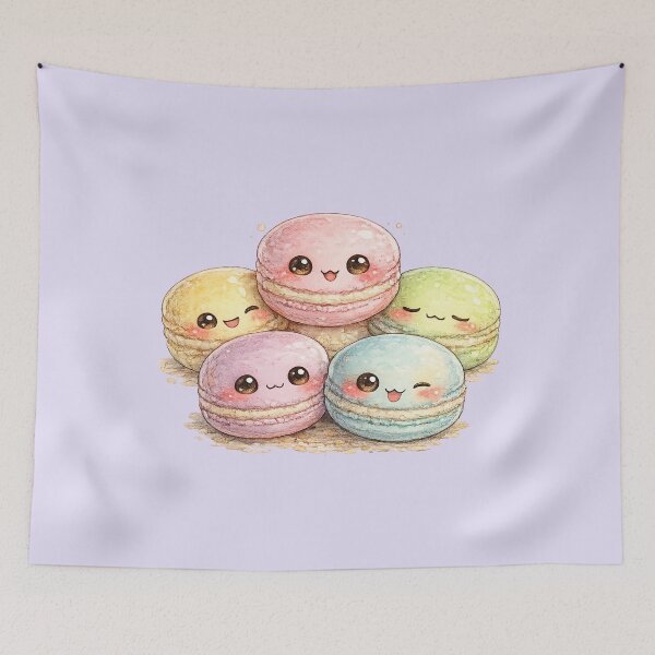 Item preview, Kawaii Rainbow Macarons Watercolor Illustration – Cute Pastel Dessert Character Family designed and sold by MagicMakerPh.