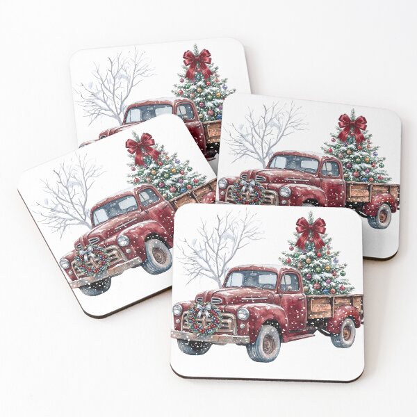 Item preview, Rustic Red Farm Truck with Christmas Tree Holiday Watercolor designed and sold by Artful Accents.