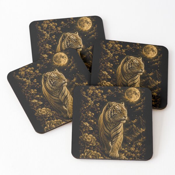 Item preview, Majestic White Tiger Under Golden Moon | Black Gold Floral Fantasy Art | Japanese Wildlife Wall Decor designed and sold by ManJiangHong.