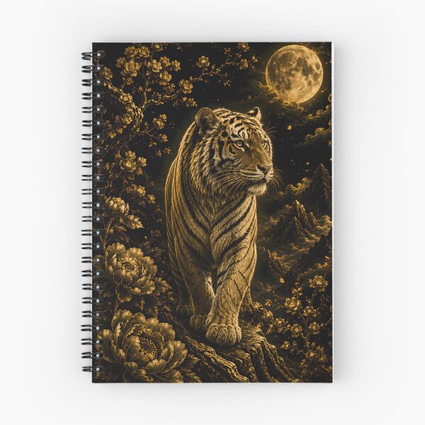 Item preview, Majestic White Tiger Under Golden Moon | Black Gold Floral Fantasy Art | Japanese Wildlife Wall Decor designed and sold by ManJiangHong.