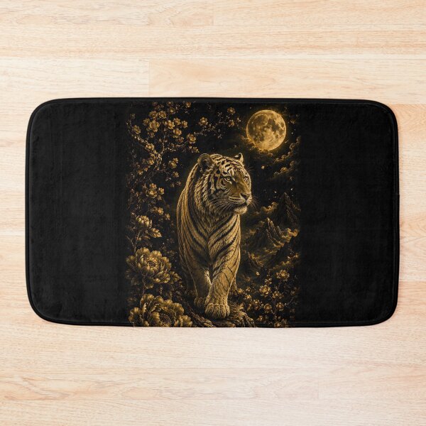 Item preview, Majestic White Tiger Under Golden Moon | Black Gold Floral Fantasy Art | Japanese Wildlife Wall Decor designed and sold by ManJiangHong.