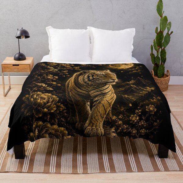Item preview, Majestic White Tiger Under Golden Moon | Black Gold Floral Fantasy Art | Japanese Wildlife Wall Decor designed and sold by ManJiangHong.