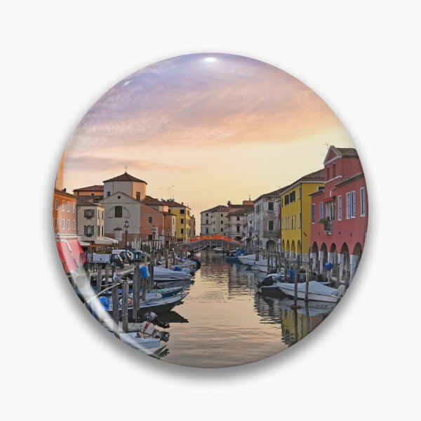 Item preview, Small boats floating in calm water, sunrise over town of Chioggia, Venetian Lagoon, Veneto, Italy.  designed and sold by goceris.