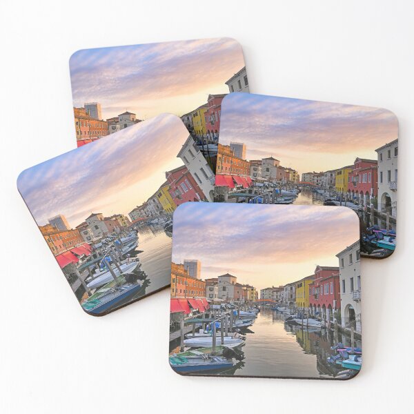 Item preview, Pequeñas embarcaciones flotando en aguas tranquilas, amanecer sobre la ciudad de Chioggia, laguna veneciana, Véneto, Italia. designed and sold by goceris.
