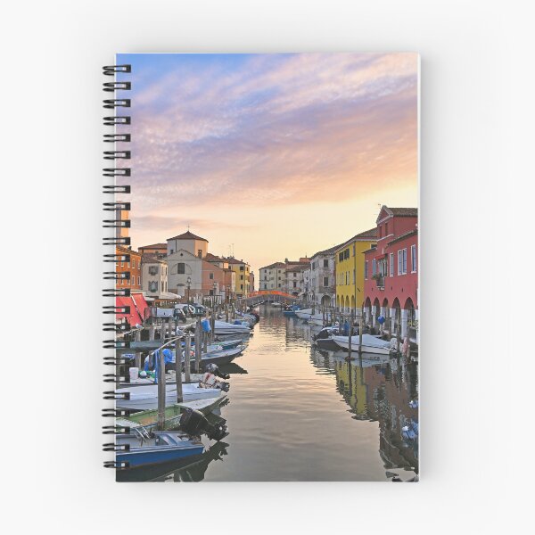 Item preview, Small boats floating in calm water, sunrise over town of Chioggia, Venetian Lagoon, Veneto, Italy.  designed and sold by goceris.
