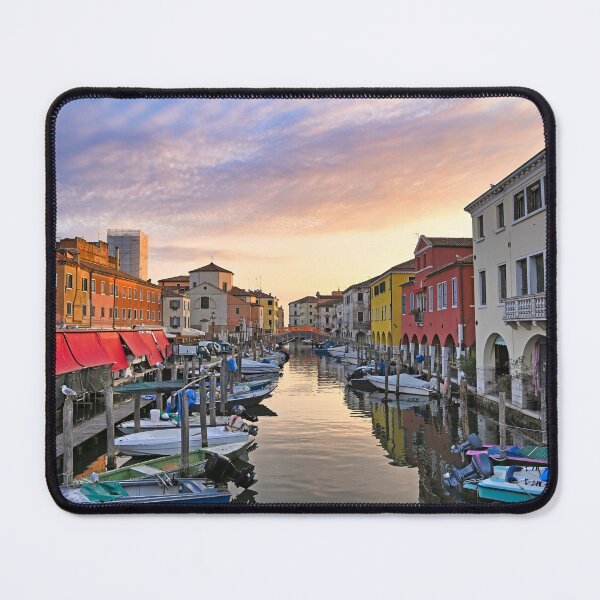 Item preview, Small boats floating in calm water, sunrise over town of Chioggia, Venetian Lagoon, Veneto, Italy.  designed and sold by goceris.